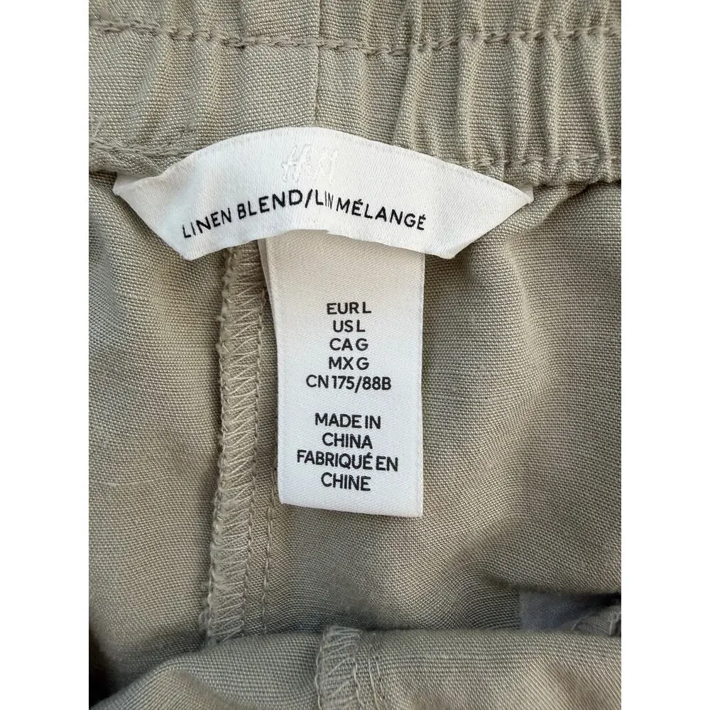 H&M Linen Blend Wide Leg Pants L Tan Smocked High Waist Pintuck Pleat